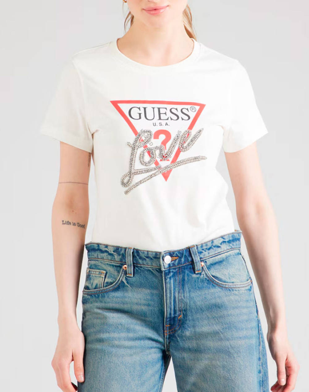 Guess Ss Cn Triangle Love Tee Women''S Shirt Women Clothes Tops T Shirts White Cotton W5Ri10I3Z14 G012 Female T-Shirts