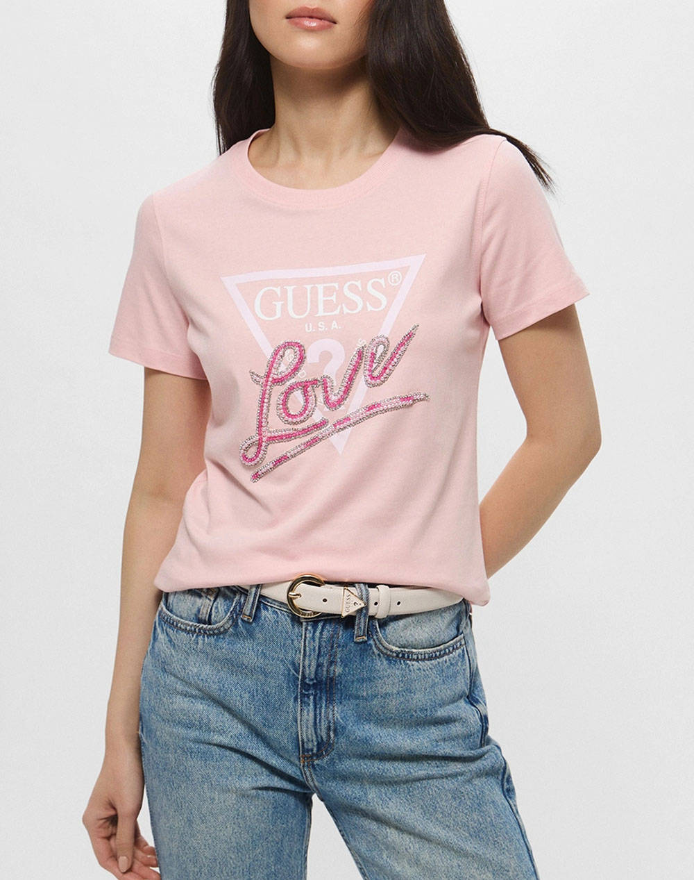 Guess Cn Ss Love Triangle Tee Women''S T Shirt Women Clothes Tops T Shirts Lightpink Cotton W5Gi05I3Z14 G6J3 Female T-Shirts