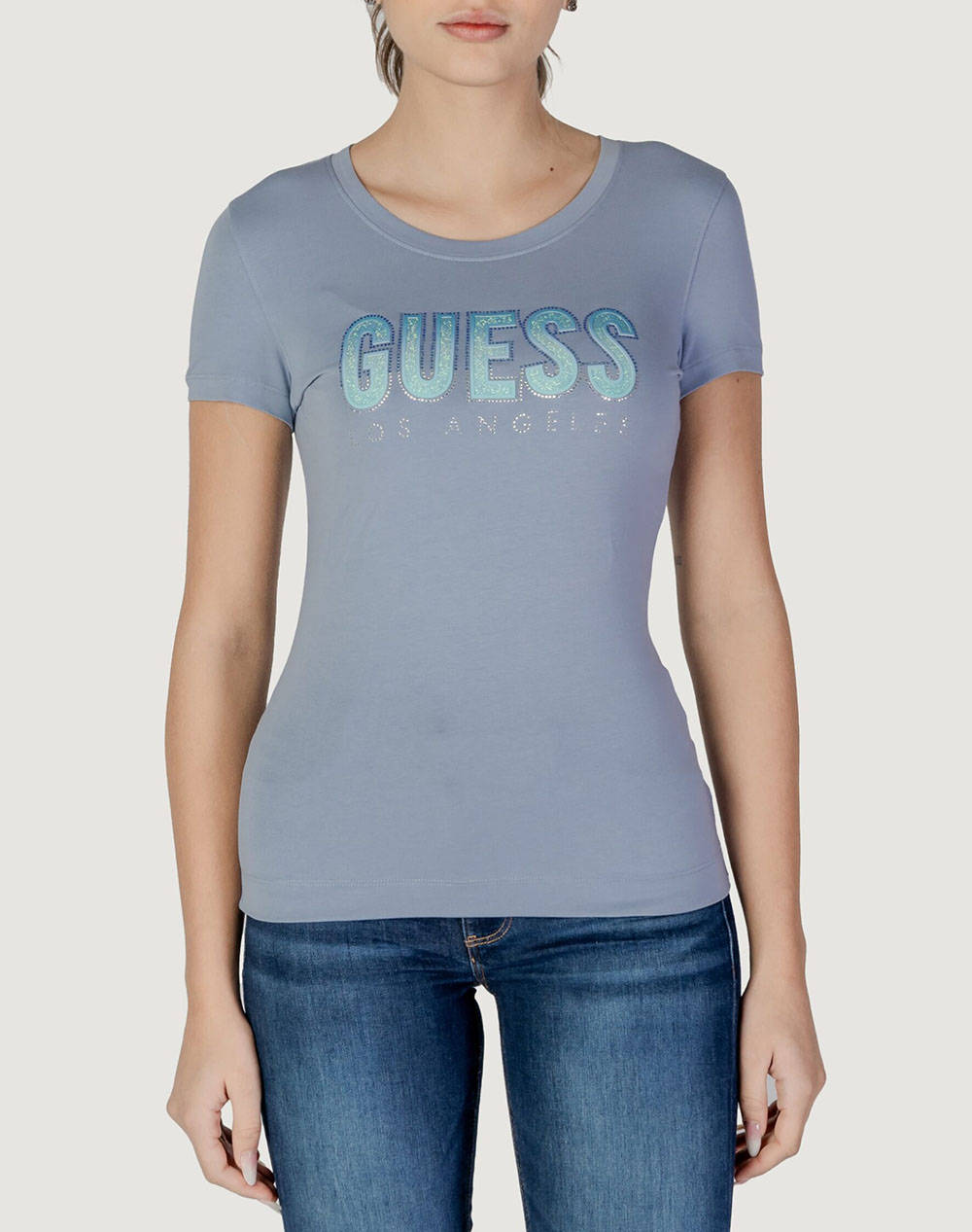Guess Cn Ss Glitter Degrade Logo Tee Women''S T Shirt Women Clothes Tops T Shirts Lightblue Cotton,Elastic W5Gi14J1314 A70Q Female T-Shirts Blue