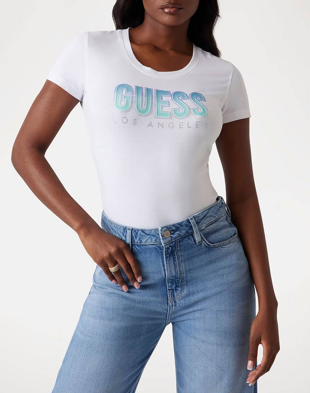 Guess Cn Ss Glitter Degrade Logo Tee Women''S T Shirt Women Clothes Tops T Shirts White Cotton,Elastic W5Gi14J1314 G011 Female T-Shirts