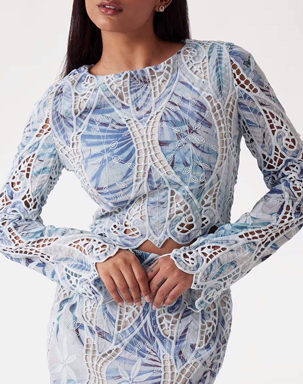 Guess Ls Anastasia Lace Top Women’S Shirt Women Clothes Tops Tops/Bodies Blue Synthetic W5Gh0Twhad2 P7Vm Female Tops/Bodies Blue