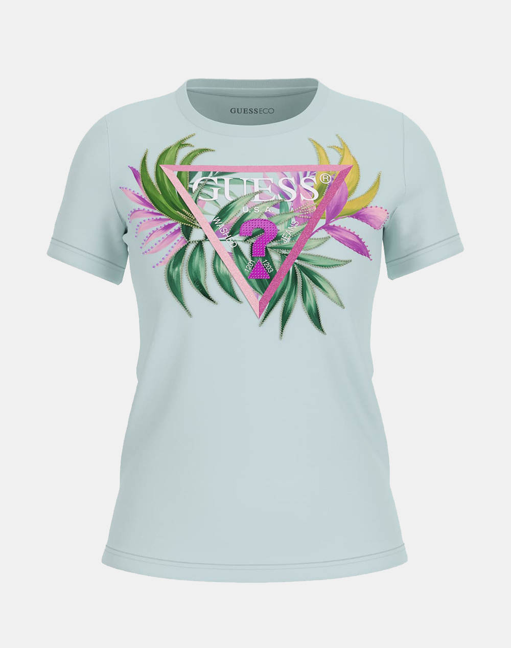 Guess Cn Ss Leaf Triangle Tee Women''S T Shirt Women Clothes Tops T Shirts Mintgreen Cotton,Elastic W5Gi07J1314 A72C Female T-Shirts Green