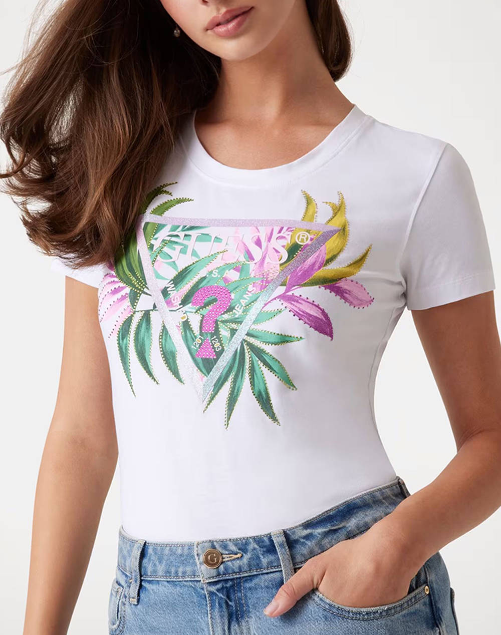 Guess Cn Ss Leaf Triangle Tee Women''S T Shirt Women Clothes Tops T Shirts White Cotton,Elastic W5Gi07J1314 G011 Female T-Shirts