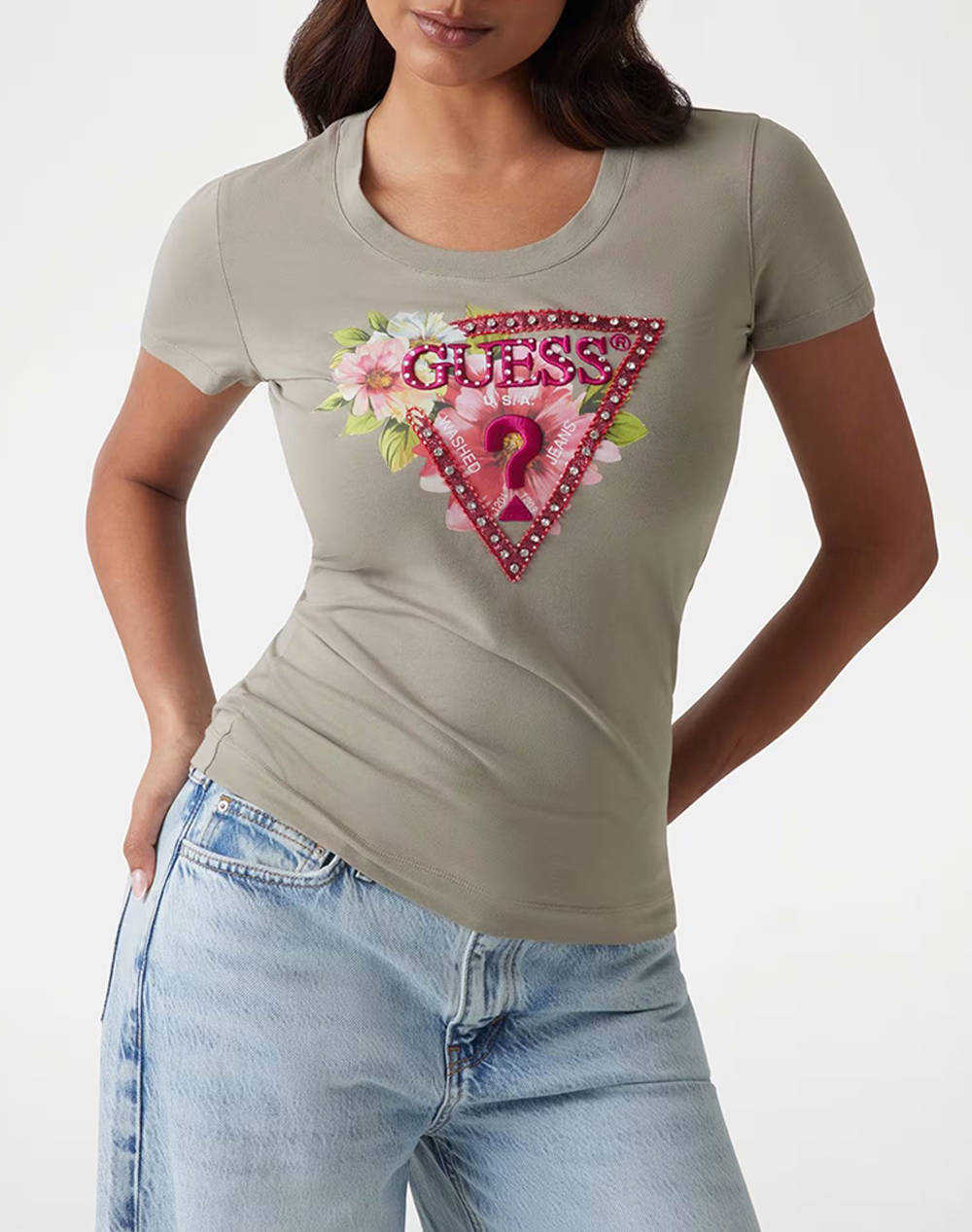 Guess Ss Cn Triangle Beads Tee Women''S T Shirt Women Clothes Tops T Shirts Mixed Cotton,Elastic W5Gi10J1314 G8Cj Female T-Shirts