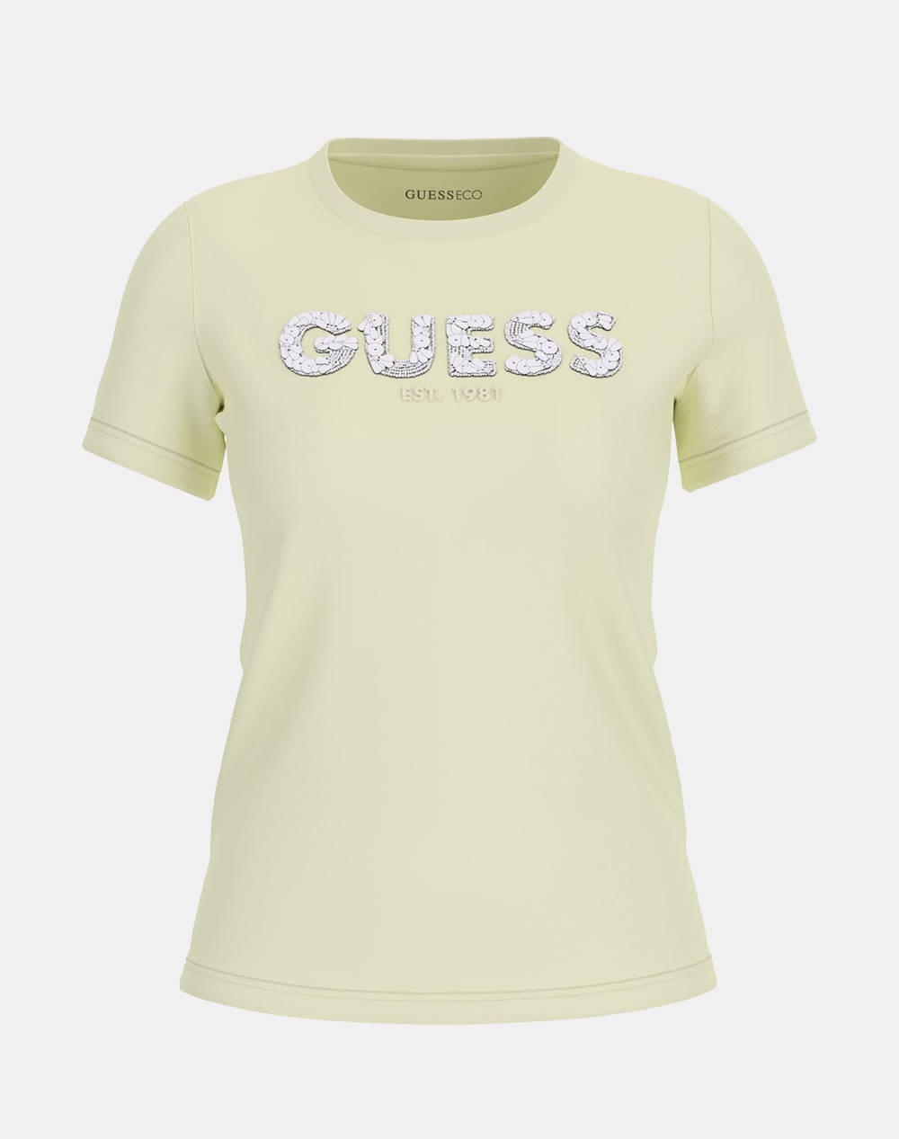 Guess Cn Ss Logo Segquins Tee Women''S T Shirt Women Clothes Tops T Shirts Lime Cotton,Elastic W5Gi17J1314 A83M Female T-Shirts