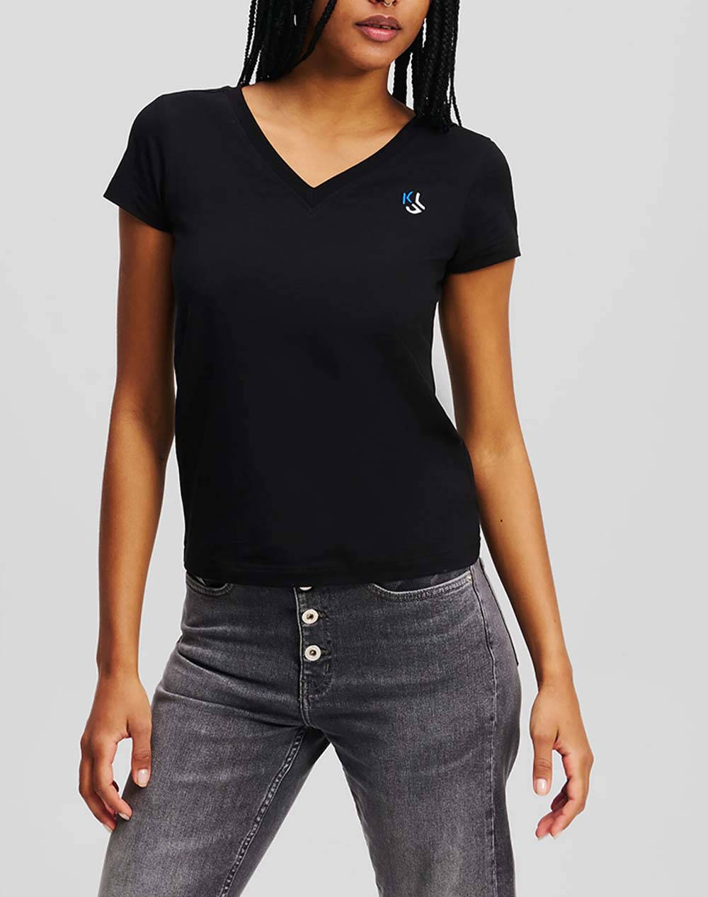 Karl Lagerfeld Klj Slim V Neck Tee Women Clothes Tops T Shirts Black Cotton,Elastic A2W17097 999 Female T-Shirts Black