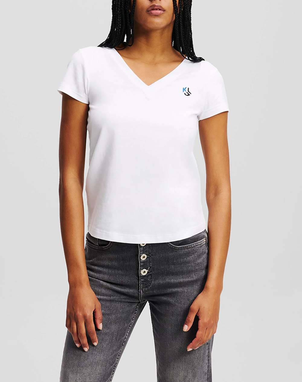 Karl Lagerfeld Klj Slim V Neck Tee Women Clothes Tops T Shirts White Cotton,Elastic A2W17097 100 Female T-Shirts
