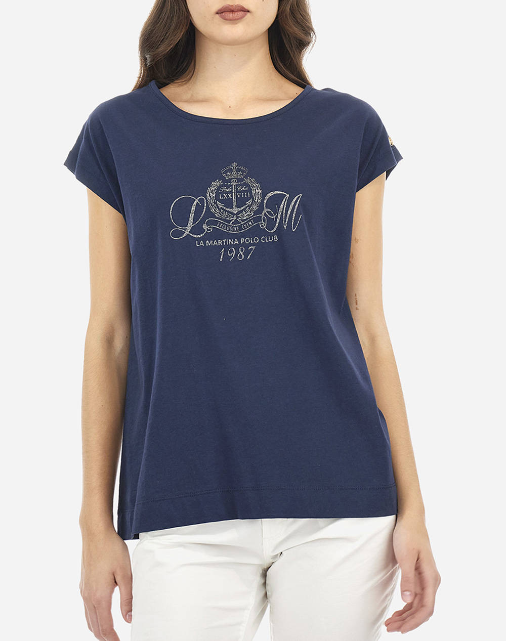 La Martina T Shirt Woman T Shirt S/S 40/1 Cotton Women Clothes Tops T Shirts Navyblue Cotton 3Lmwar301 07017 Female T-Shirts Blue
