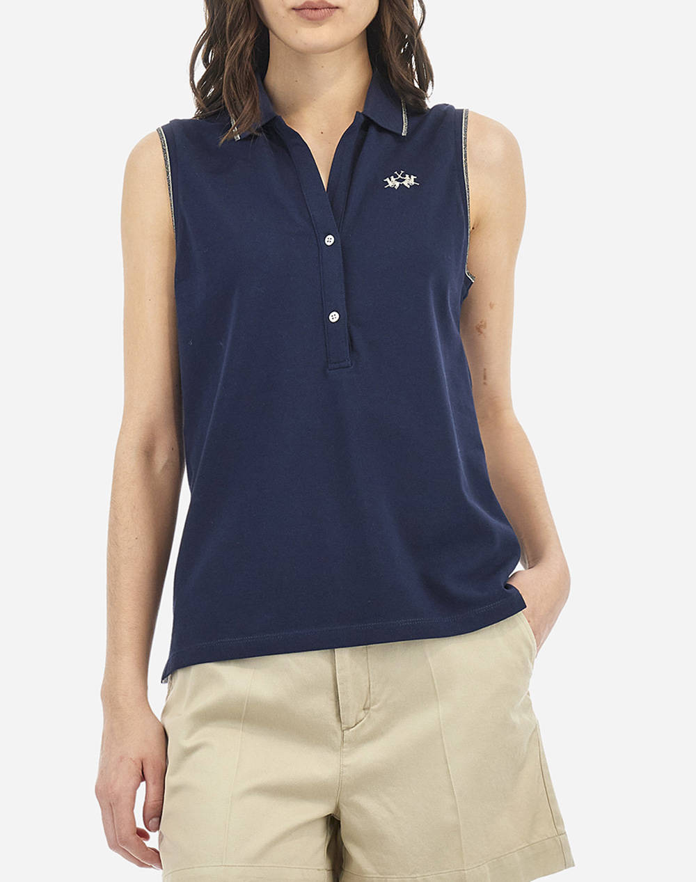 La Martina Woman Sleeveless Polo Piquet S Women Clothes Tops Polo Navyblue Cotton,Elastic 3Lmwap005 07017 Female Polo Blue