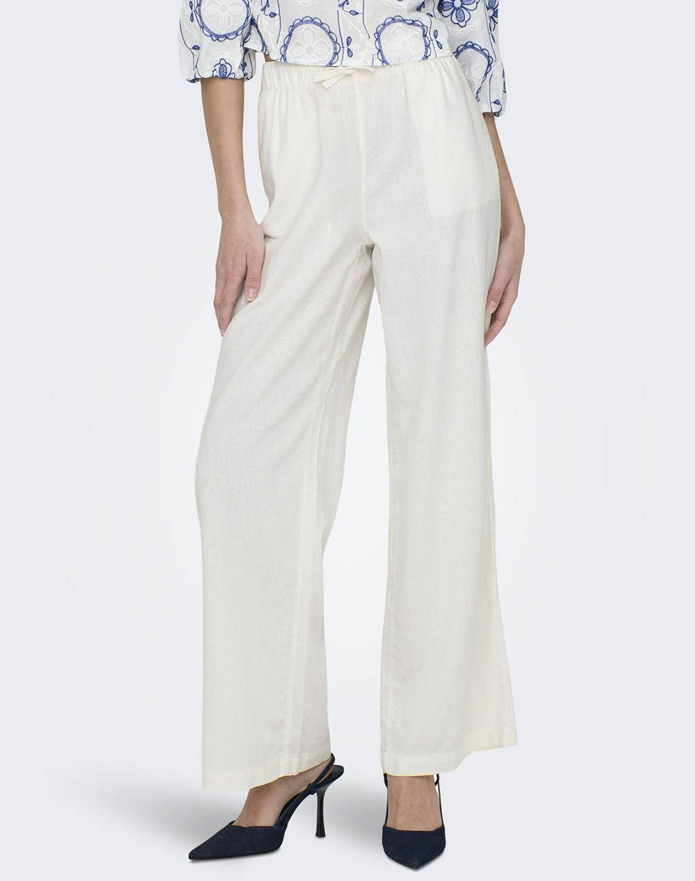 Only Onlcaro Mw Linen Bl Pull Up Pant Cc Pnt Women Clothes Trousers Fabric Trousers White Viscose,Linen 15291807 Cloud Dancer Female Fabric Trousers