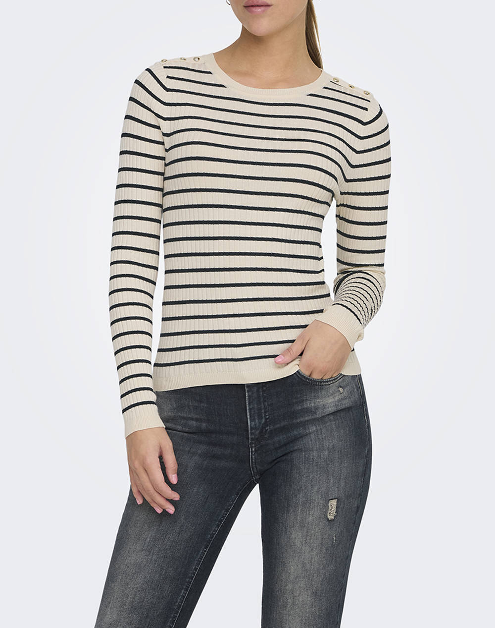 Only Onlmila Ls Stripe Button O Neck Cc Knt Women Clothes Tops Knits Biege Viscose,Synthetic 15335111 Birch Female Knits Biege
