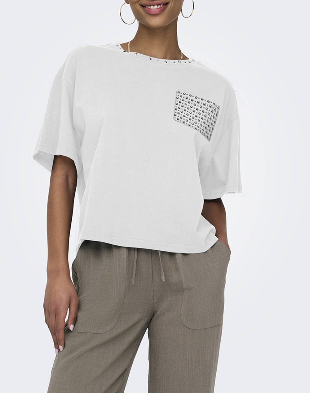 Only Onlterza S/S O Neck Top Box Jrs Women Clothes Tops T Shirts White Cotton 15343834 Bright Whitestudspocket Female T-Shirts