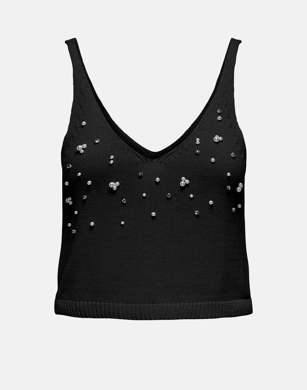 Only Onlcolette Life Sl Bling Top Knt Women Clothes Tops Tops/Bodies Black Cotton,Synthetic 15344411 Blackdetail:White Pearls/Rhinestones Female Tops/