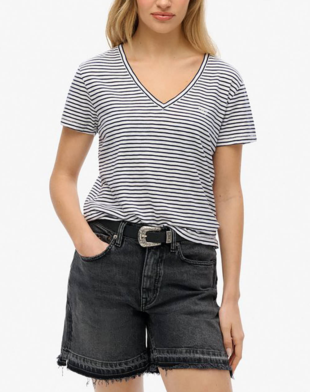 Superdry D1 Stud Studios Slub Emb Vee Tee Women''S T Shirt Women Clothes Tops T Shirts Navyblue Cotton,Synthetic W1011181A 9Ju Female T-Shirts Blue