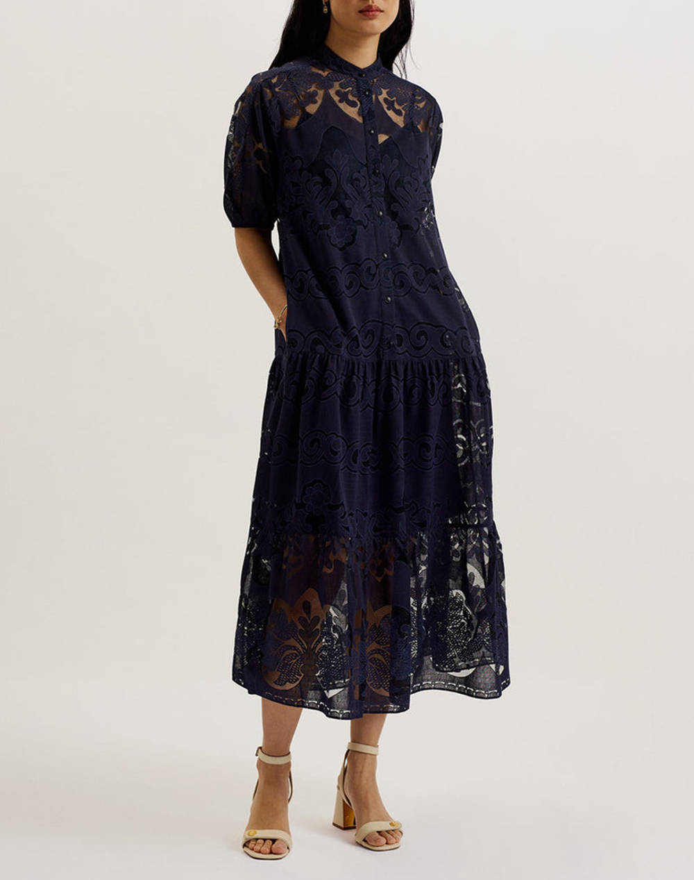 Ted Baker Xativa Laced Midi Shirt Dress With Puff Sleeve Women Clothes Dresses Darkblue Cotton,Synthetic 276253 Dk Female Dresses Blue
