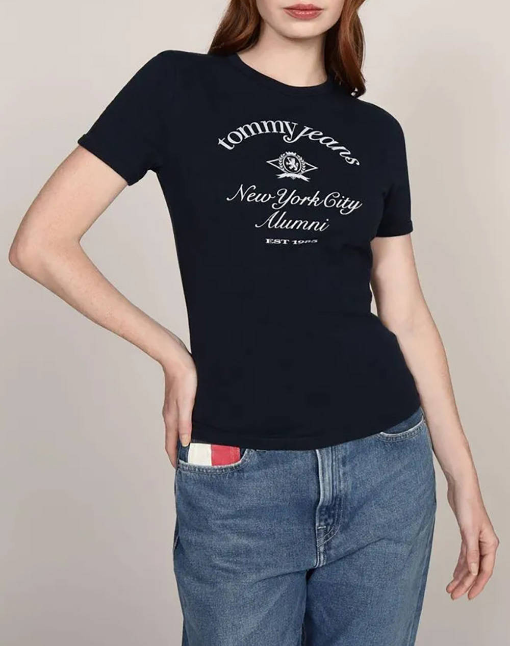 Tommy Jeans Tjw Slim Crest Nyc Ringer Tee Women Clothes Tops T Shirts Darkblue Cotton Dw0Dw20323 C1G Female T-Shirts Blue