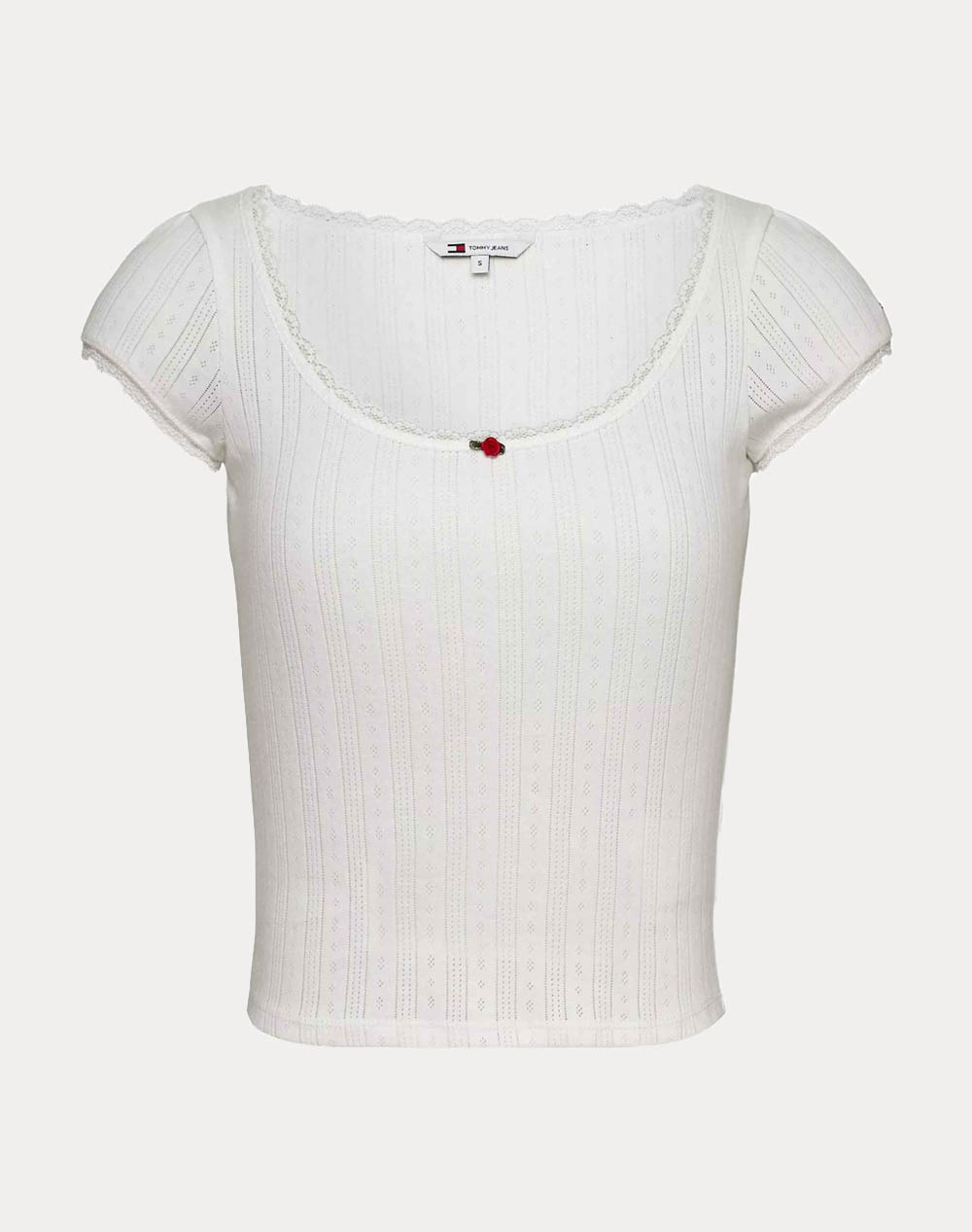 Tommy Jeans Tjw Slim Sh Pointelle Ss Tee Ext Women Clothes Tops T Shirts Ecru Cotton Dw0Dw20621 Ybl Female T-Shirts