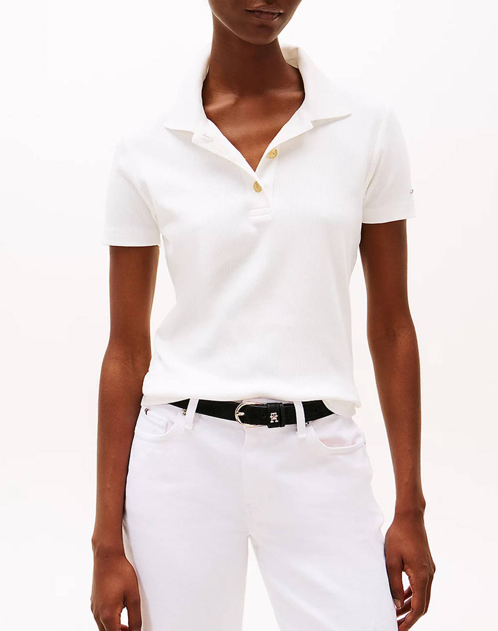 Tommy Hilfiger Slim Gold Button Polo Ss Women Clothes Tops Polo Offwhite Cotton,Elastic Ww0Ww45436 Ybl Female Polo