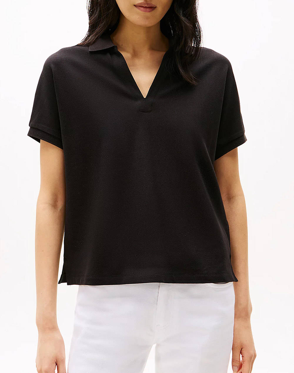 Tommy Hilfiger Lyocell Open Nk Relaxed Polo Ss Women Clothes Tops Polo Black Cotton,Elastic,Synthetic Ww0Ww44512 Bds Female Polo Black