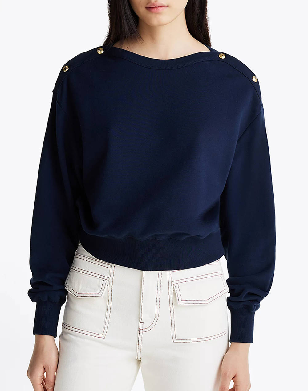 Tommy Hilfiger Gold Btn Boat Nk Swtshrt Women Clothes Tops Sweatshirts Darkblue Cotton Ww0Ww44447 C1G Female Sweatshirts Blue