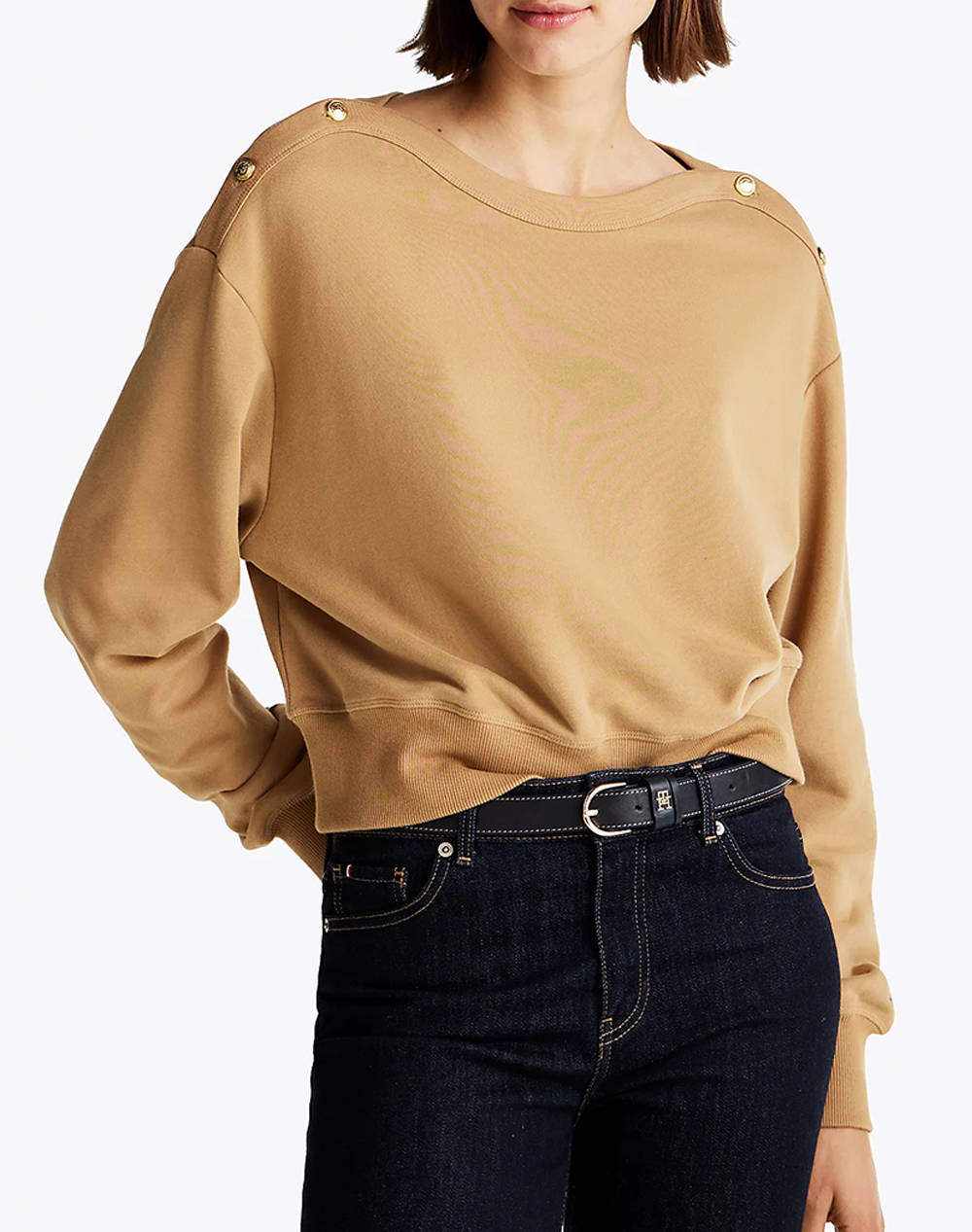 Tommy Hilfiger Gold Btn Boat Nk Swtshrt Women Clothes Tops Sweatshirts Sandybrown Cotton Ww0Ww44447 Rbc Female Sweatshirts Brown