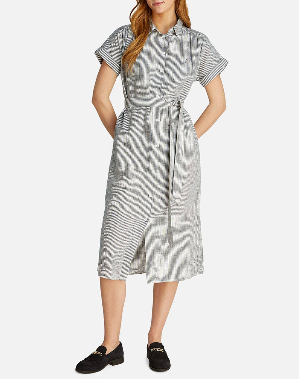 Tommy Hilfiger Ess Linen S/S Midi Shirt Dress Women Clothes Dresses Multi Linen Ww0Ww44653 0X9 Female Dresses