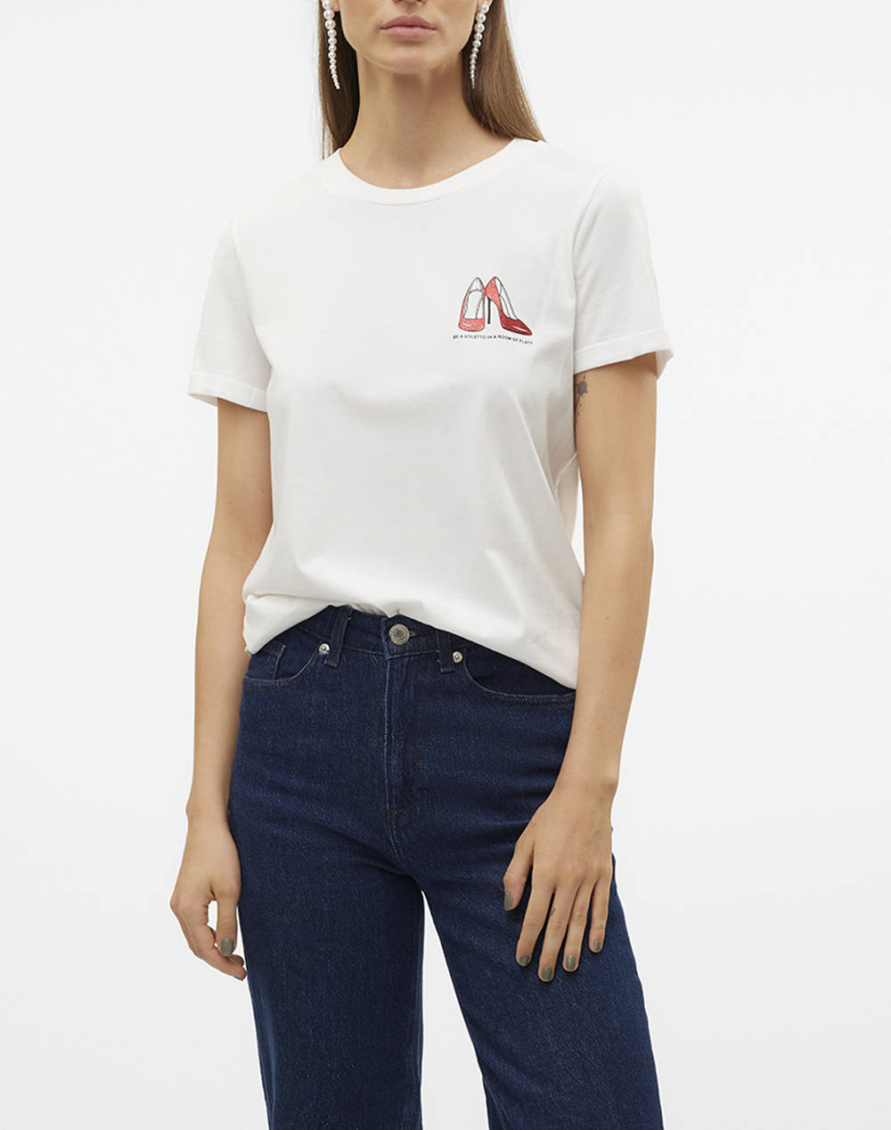 Vero Moda Vmvilla S/S O Neck T Shirt Jrs Btq Ga Women Clothes Tops T Shirts Offwhite Cotton 10324551 Snow Whitefieryredglitterstiletto Female T-Shirts