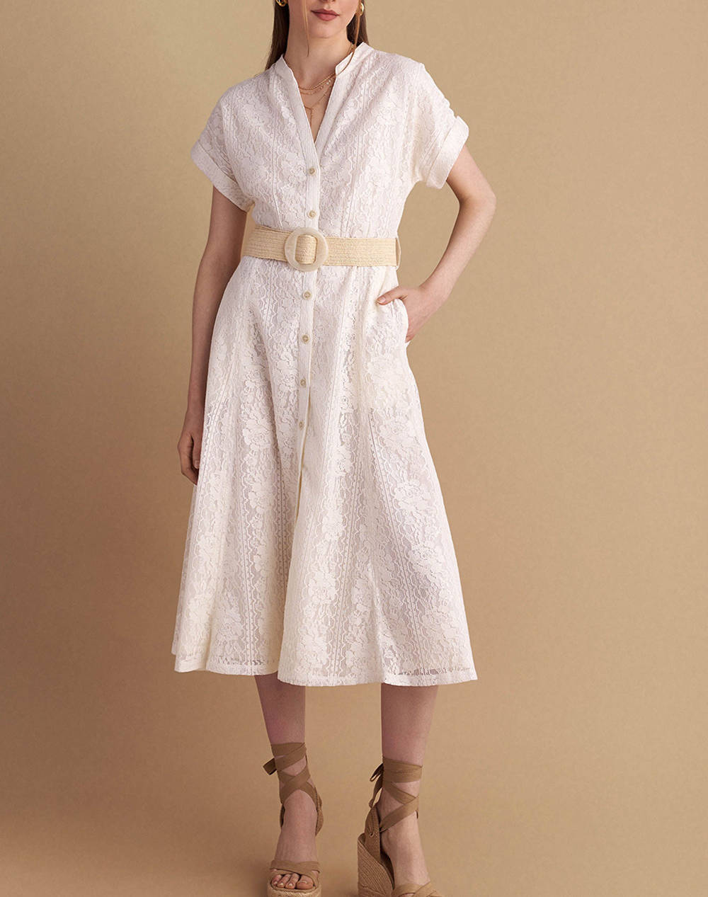 Attrattivo Dress&Belt Women Clothes Dresses Ecru Synthetic 9920413 Ekroy Female Dresses
