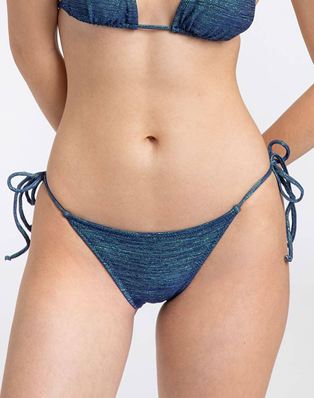 Pretty Me Amaryllis Textured Cheeky Tie Side Brief Women Clothes Swimwear Bikini Bottom Darkblue Elastic,Synthetic Pms2346B Turquoise Lurex Female