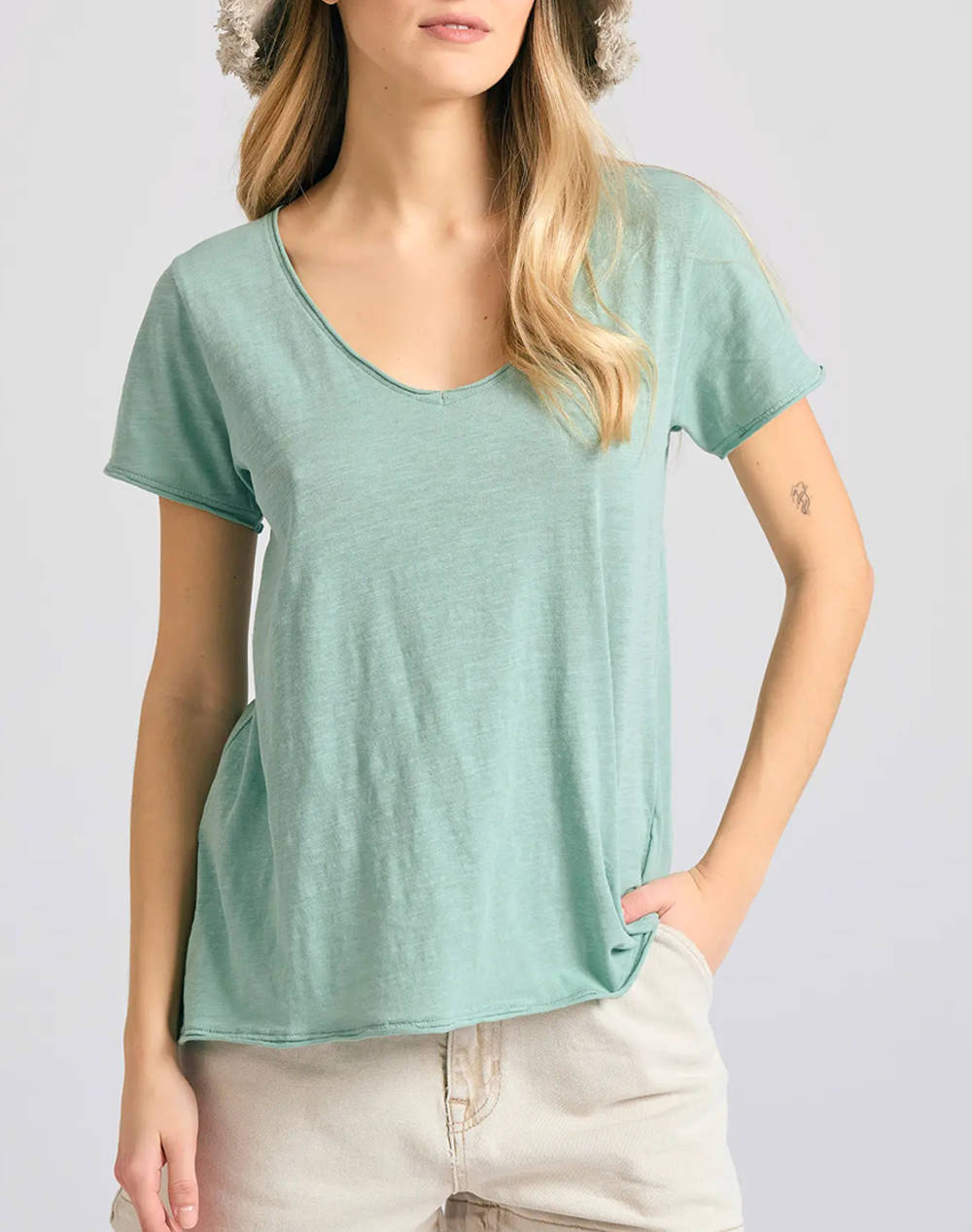 Funky Buddha Women''S Basic Short Sleeve Blouse Women Clothes Tops T Shirts Mintgreen Cotton Fbl011 100 04 Sage Green Female T-Shirts Green