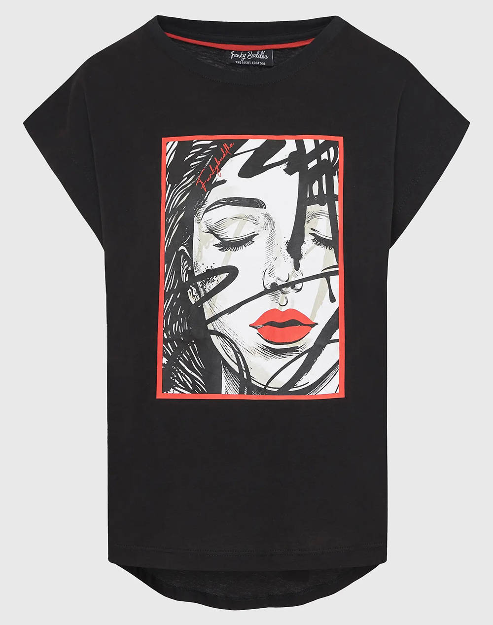 Funky Buddha Women''S Short Sleeve T Shirt With Print Women Clothes Tops T Shirts Black Cotton Fbl011 129 04 Black Female T-Shirts Black