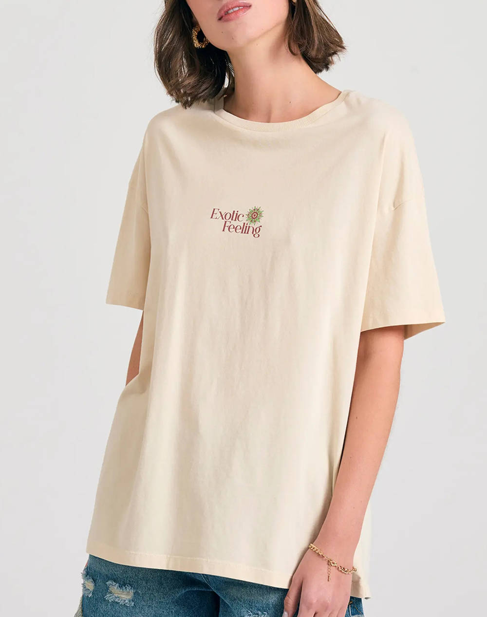 Funky Buddha Women''S Short Sleeve T Shirt With Print Women Clothes Tops T Shirts Biege Cotton Fbl011 141 04 Chalk Female T-Shirts Biege