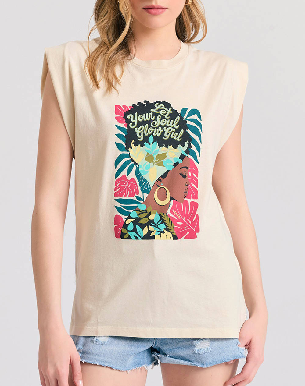 Funky Buddha Women''S Sleeveless Printed T Shirt Women Clothes Tops T Shirts Ecru Cotton Fbl011 125 04 Chalk Female T-Shirts