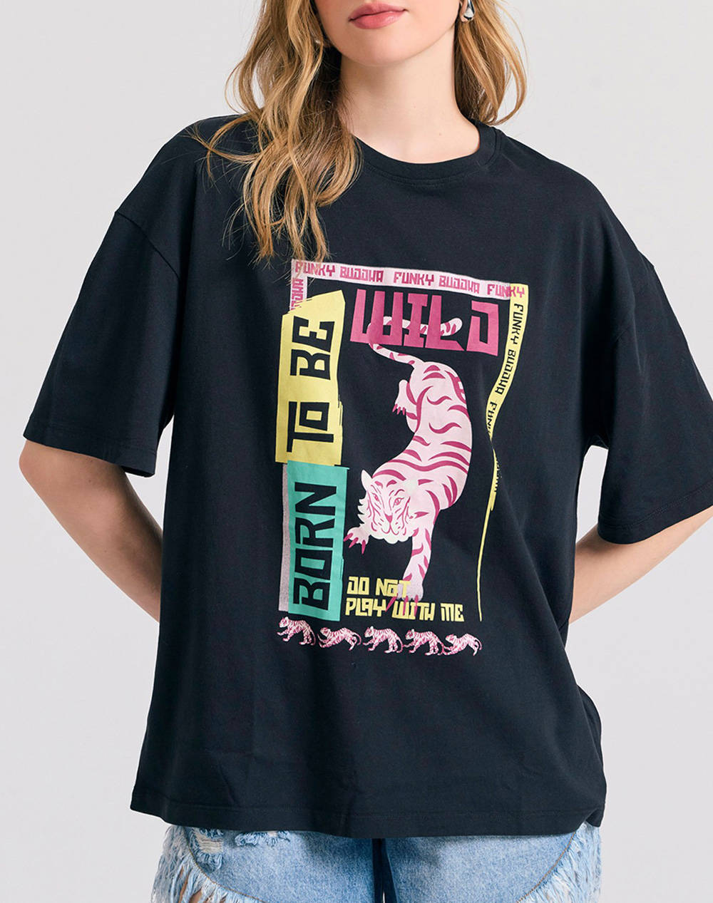 Funky Buddha Women''S Short Sleeve T Shirt With Print Women Clothes Tops T Shirts Black Cotton Fbl011 116 04 Black Female T-Shirts Black