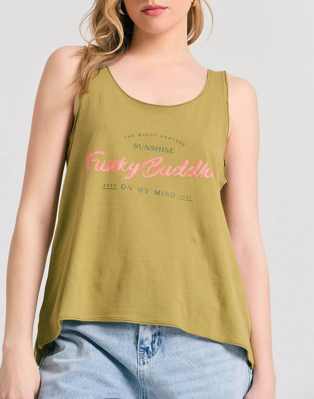 Funky Buddha Women''S Sleeveless Top Women Clothes Tops T Shirts Khaki Cotton Fbl011 163 04 Herbal Green Female T-Shirts Khaki