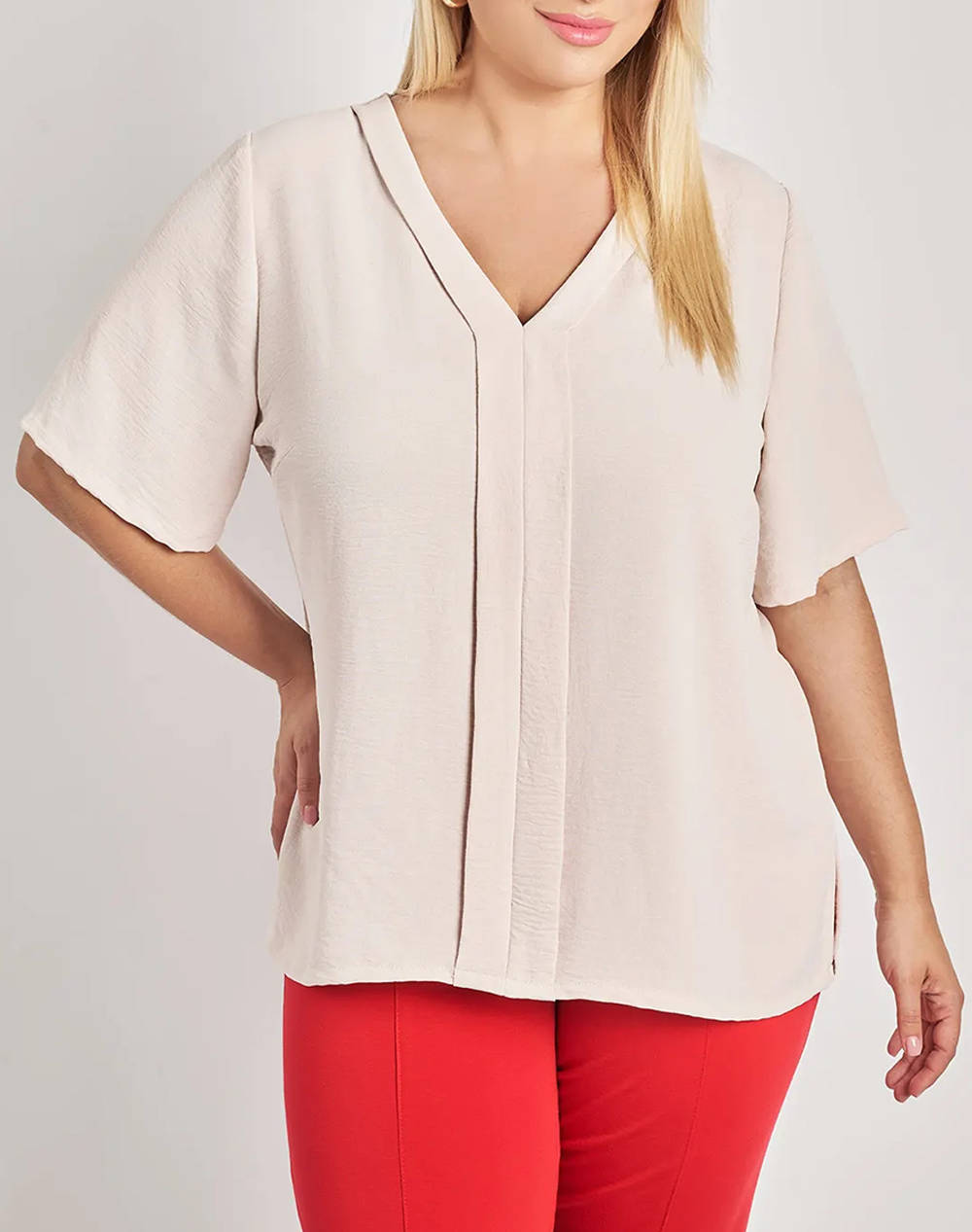 Parabita Washed Blouse With V And Pleat At The Front Women Clothes Tops T Shirts Biege Synthetic 012510107669 007 Female T-Shirts Biege