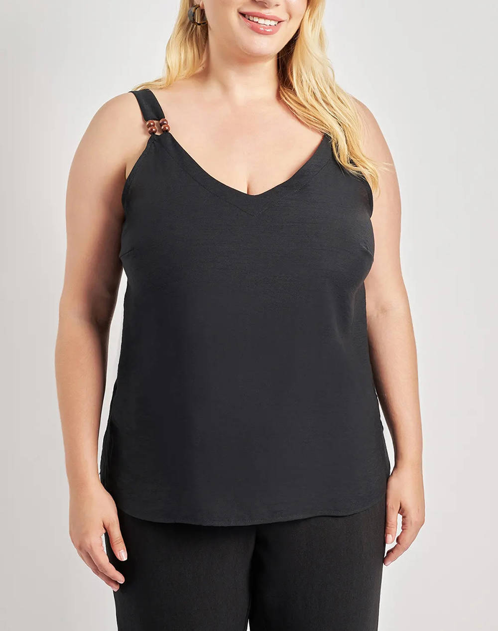 Parabita Linen Look Strap Blouse With Beads Women Clothes Tops T Shirts Black Synthetic 012510108070 002 Female T-Shirts Black