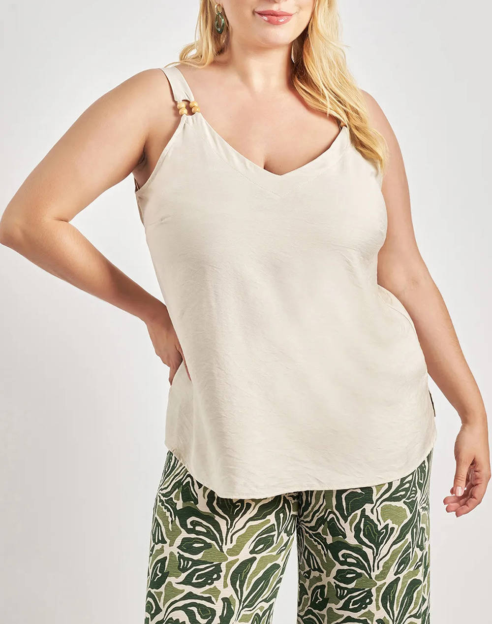 Parabita Linen Look Strap Blouse With Beads Women Clothes Tops T Shirts Ecru Synthetic 012510108070 009 Female T-Shirts