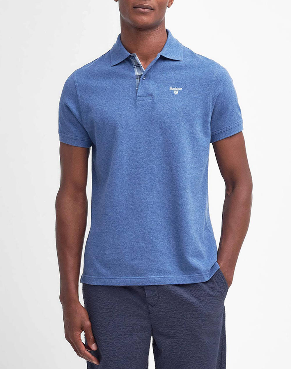 Barbour Tartan Pique Polo Shirt Men Clothes T Shirts & Sweatshirts Polo Steelblue Cotton Mml0012 Brbl14.3 Male Polo Blue