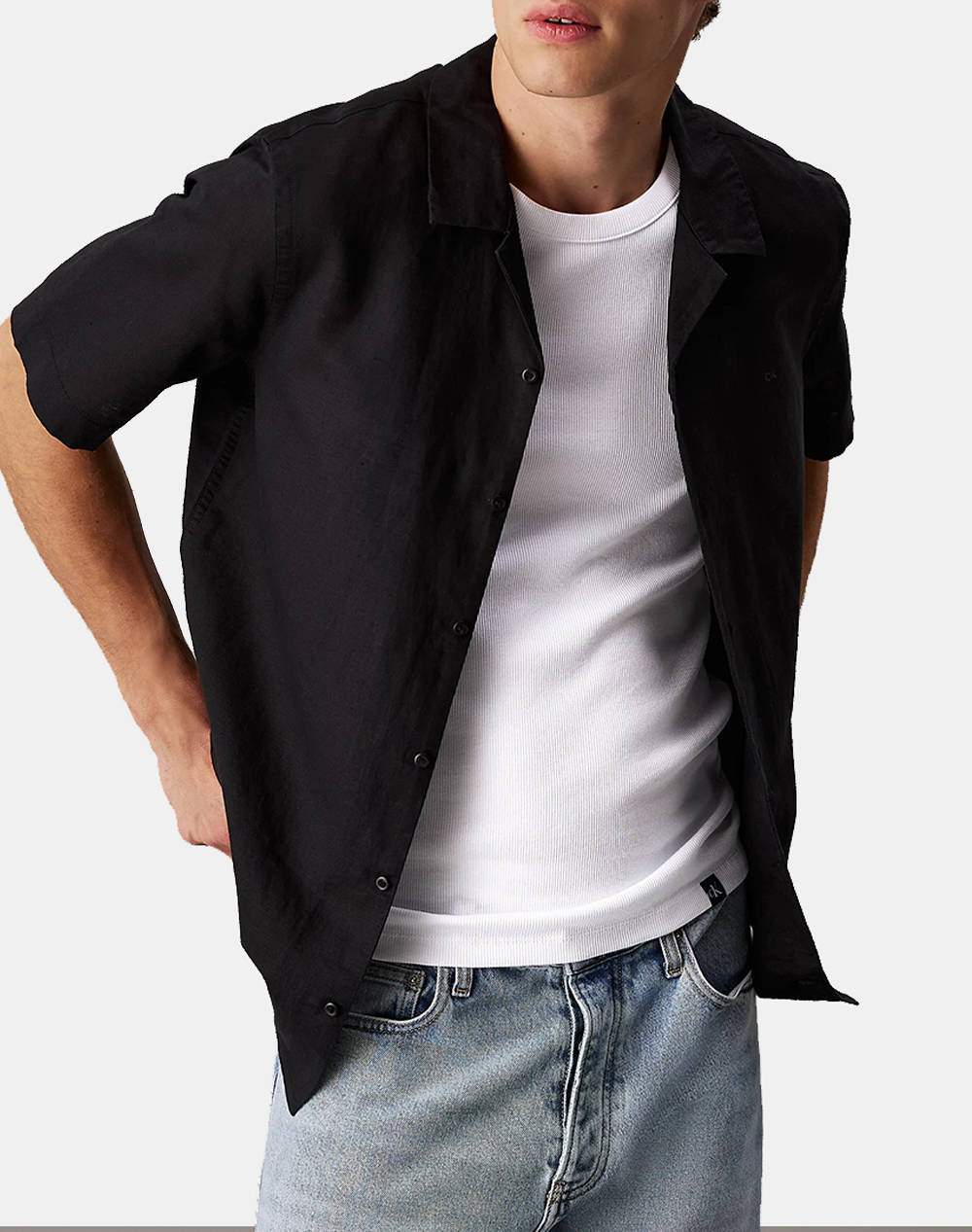 Calvin Klein Linen Cotton Cuban S/S Shirt Men Clothes Shirts Black Cotton,Linen K10K114197 Beh Male Shirts Black