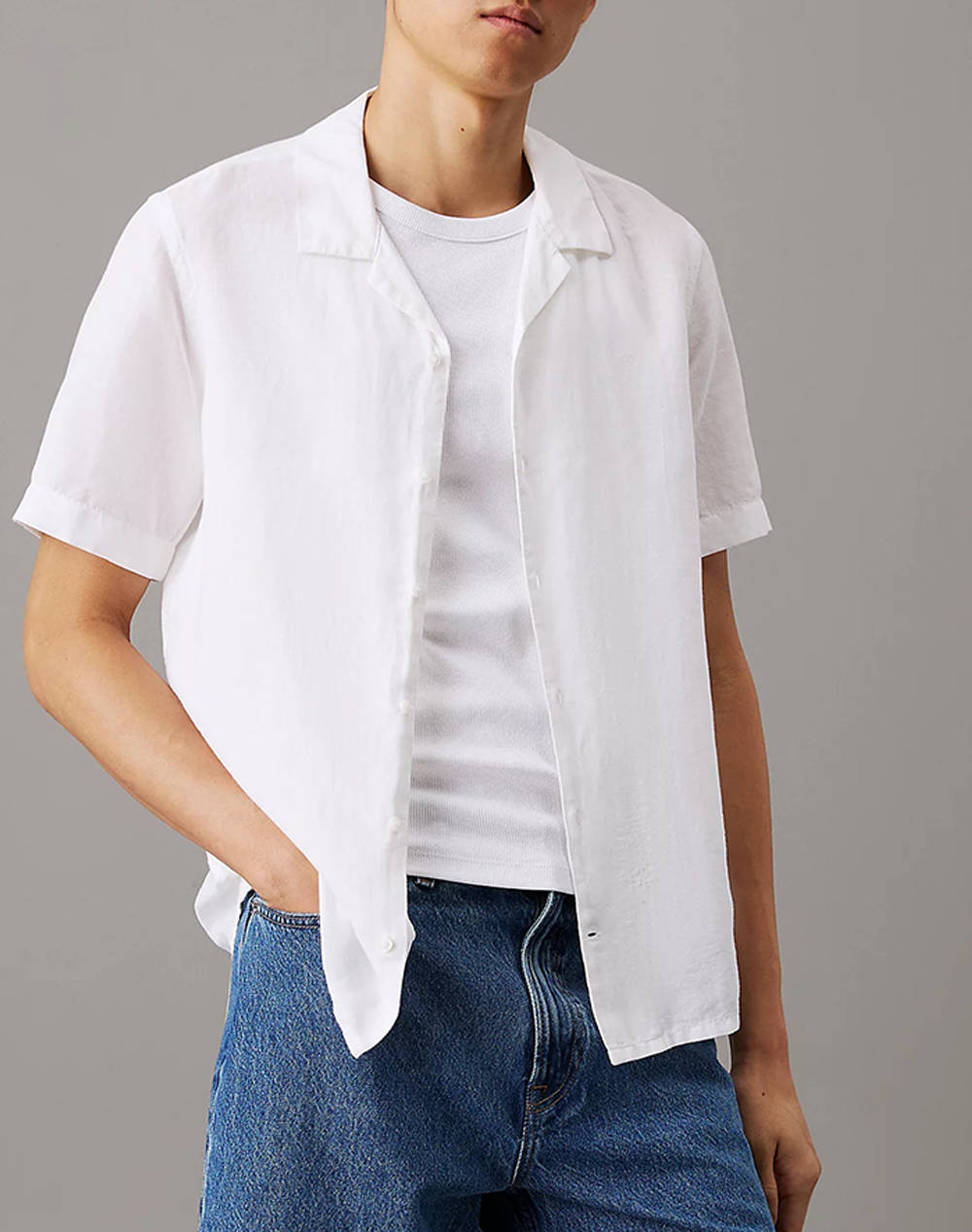 Calvin Klein Linen Cotton Cuban S/S Shirt Men Clothes Shirts White Cotton,Linen K10K114197 Yaa Male Shirts