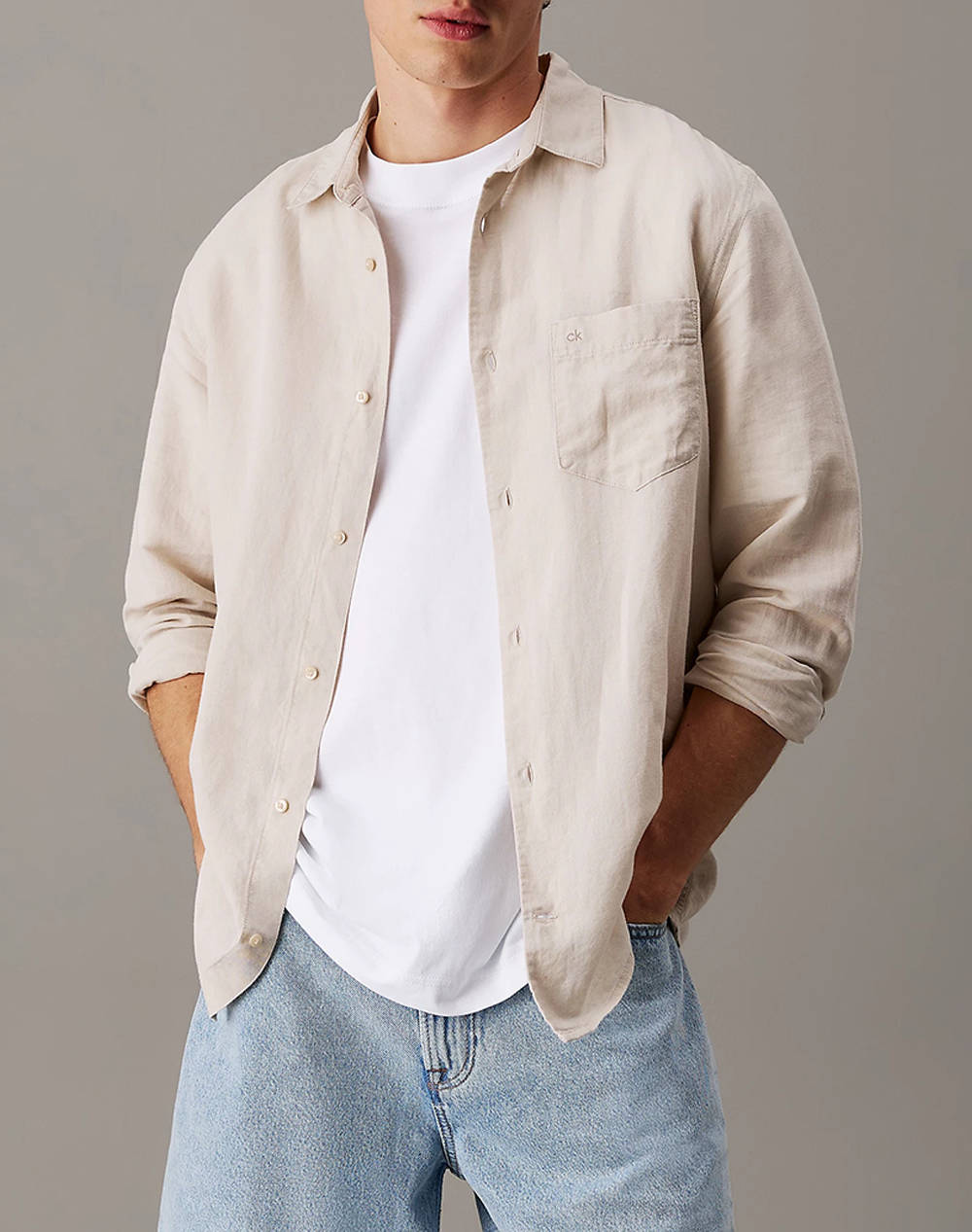 Calvin Klein Linen Cotton Regular L/S Shirt Men Clothes Shirts Biege Cotton,Linen K10K114488 Pe0 Male Shirts Biege