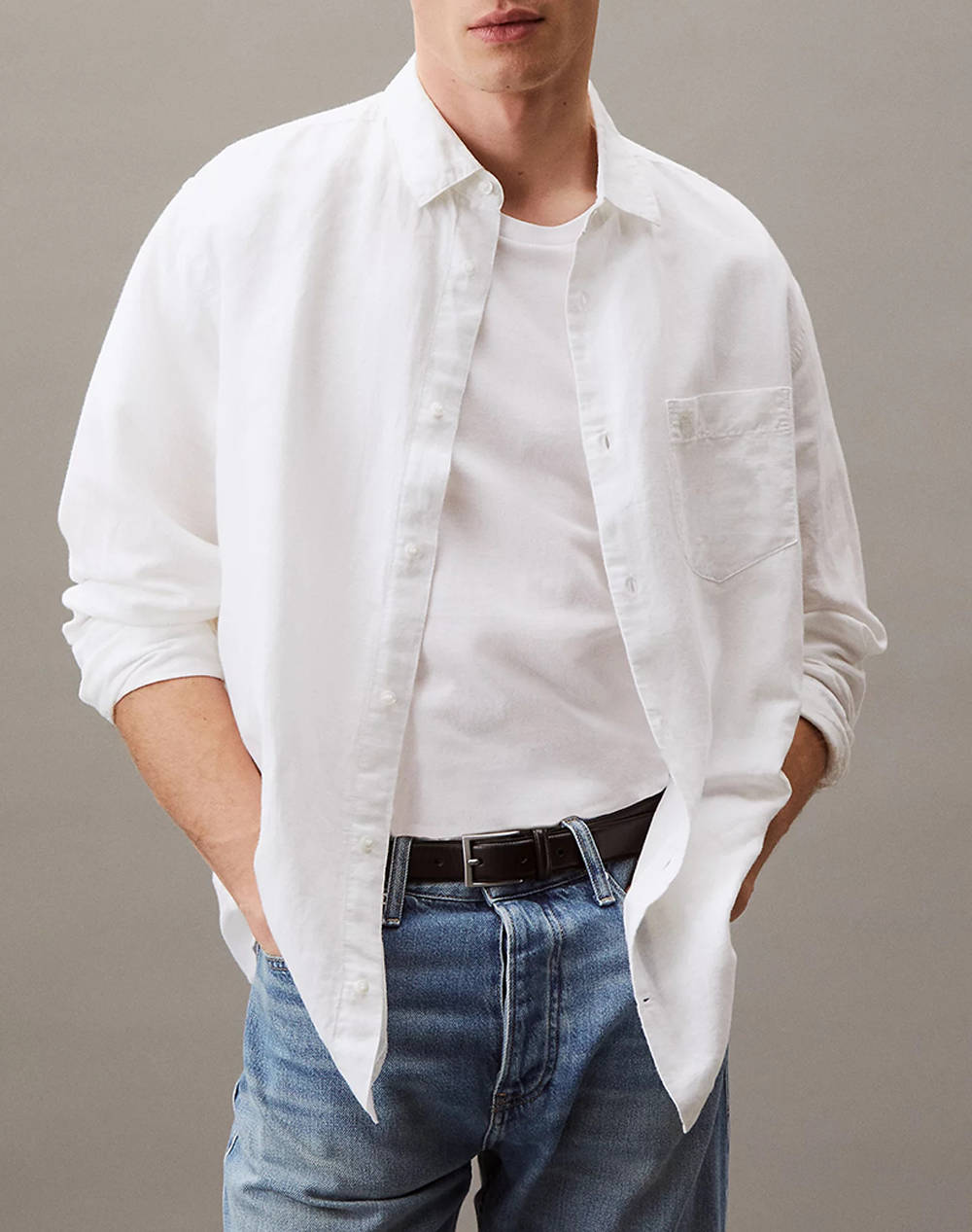 Calvin Klein Linen Cotton Regular L/S Shirt Men Clothes Shirts White Cotton,Linen K10K114488 Yaa Male Shirts