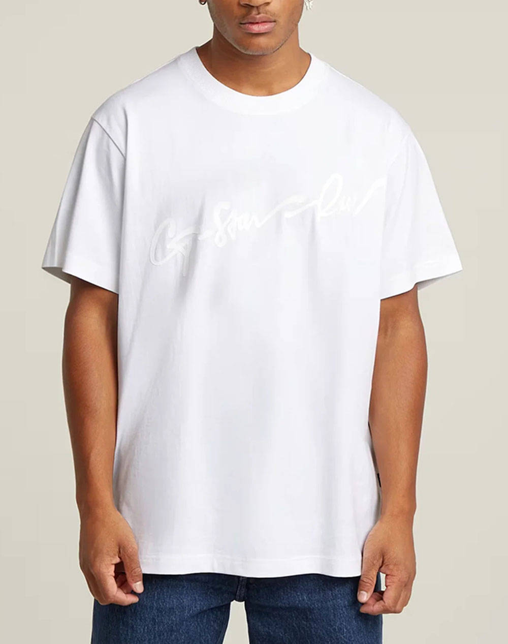 G Star Flock G Script Loose R T Men Clothes T Shirts & Sweatshirts T Shirts White Cotton D25148 C784 110 Male T-Shirts