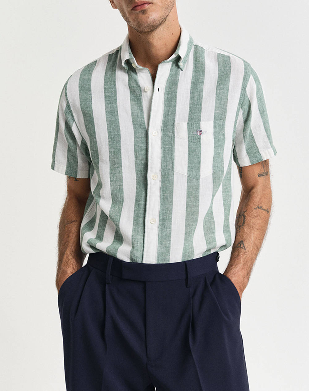 Gant Reg Cotton Linen Stripe Ss Shirt Men Clothes Shirts Lightgreen Cotton,Linen 3G3250044 318 Male Shirts Green