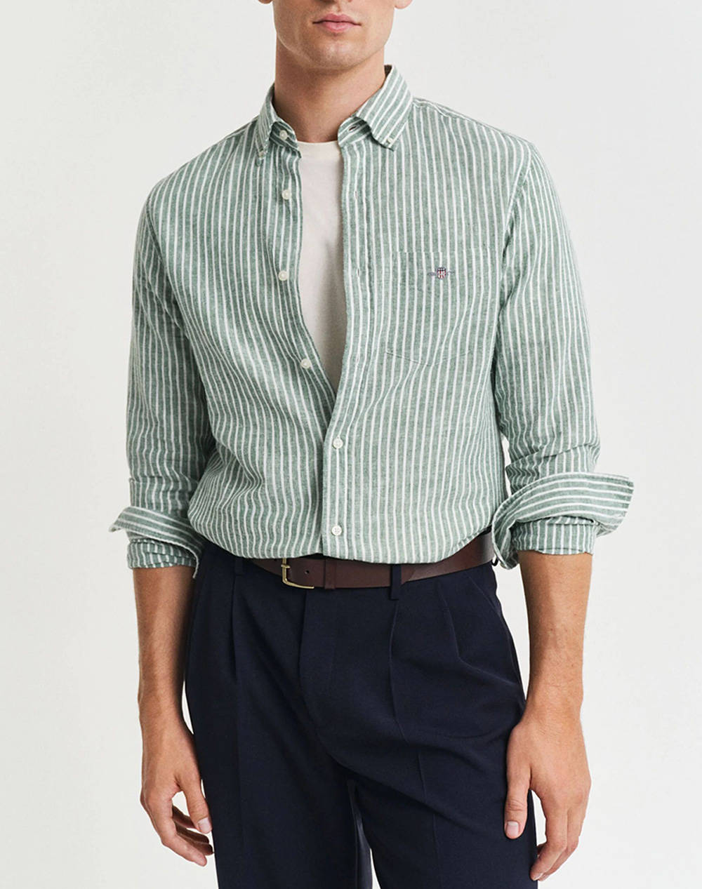 Gant Ls Reg Cotton Linen Stripe Shirt Men Clothes Shirts Green Cotton,Linen 3G3250038 318 Male Shirts Green