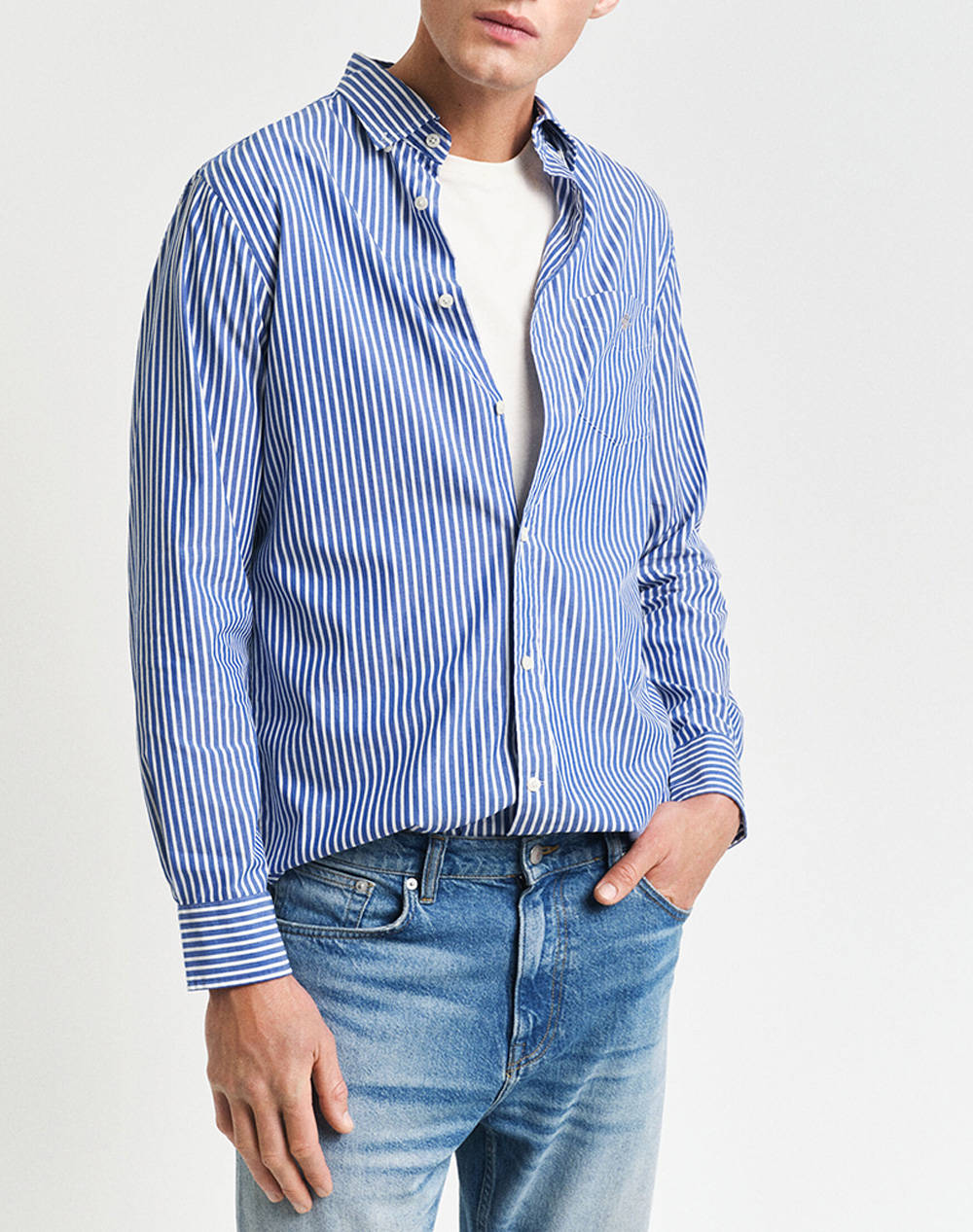 Gant Ls Reg Poplin Stripe Shirt Men Clothes Shirts Blue Cotton 3G3000130 436 Male Shirts Blue