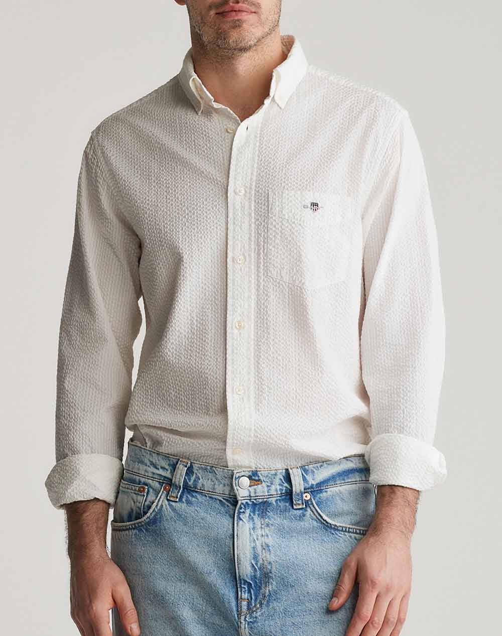 Gant Mm Reg Solid Seersucker Shirt Men Clothes Shirts Ecru Cotton 3G3250035 113 Male Shirts