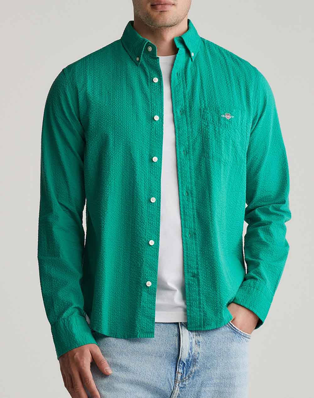 Gant Mm Reg Solid Seersucker Shirt Men Clothes Shirts Green Cotton 3G3250035 322 Male Shirts Green