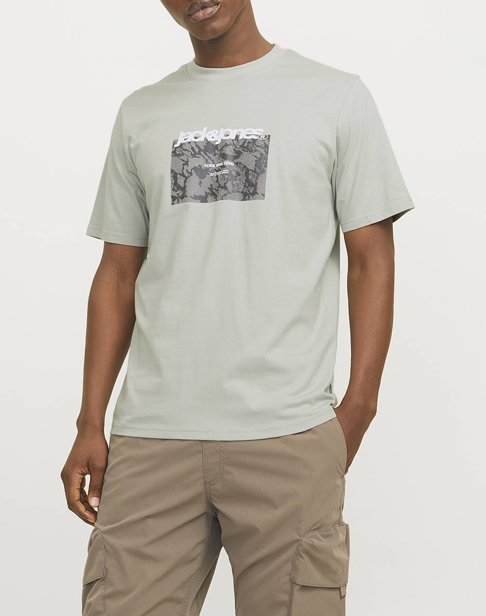 Jack&Jones Jcotarmac Camo Front Tee Ss Crew Neck Ln Men Clothes T Shirts & Sweatshirts T Shirts Gray Cotton 12273239 Aqua Gray Male T-Shirts